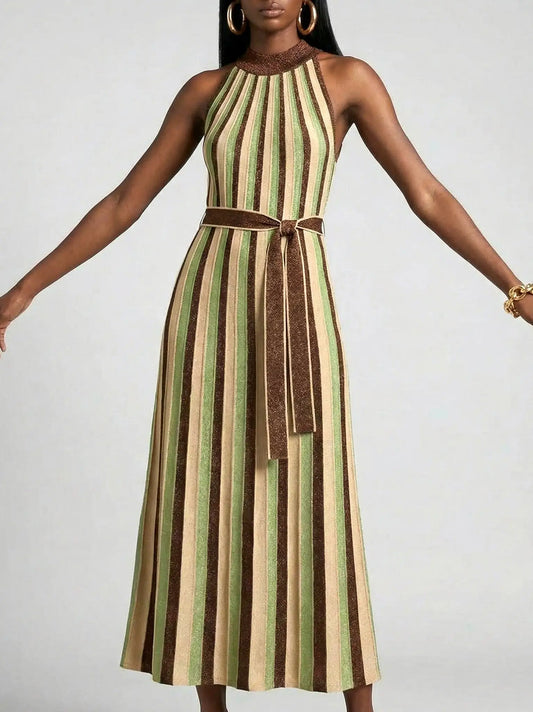 Striped Metallic Halter Neck Knit Dress - Dresses