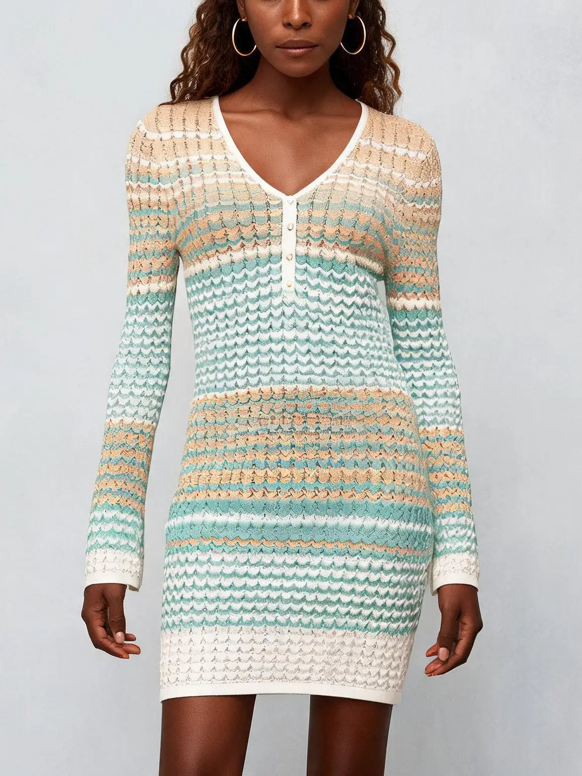 Color-Contrast V-Neck Knit Mini Dress - Dresses