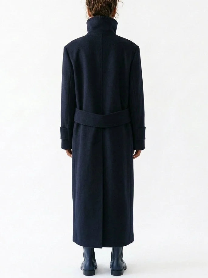 Structured High Neck Long Wool Blend Coat - Coats