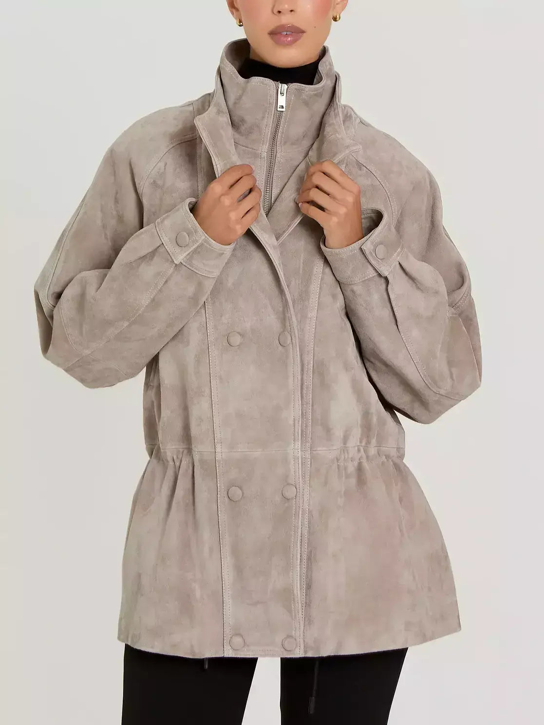 Suede Jacket with Drawstring Waist in Light Taupe - S - Jackets