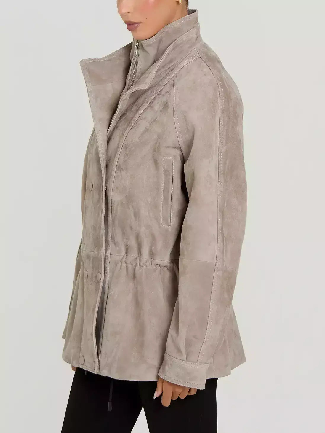 Suede Jacket with Drawstring Waist in Light Taupe - Jackets