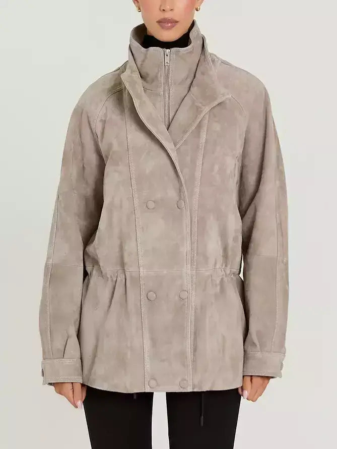 Suede Jacket with Drawstring Waist in Light Taupe - Jackets