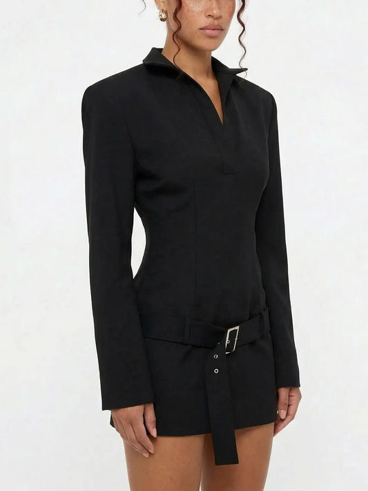 Tailored Belted Mini Dress with Open Collar in Black - Dresses