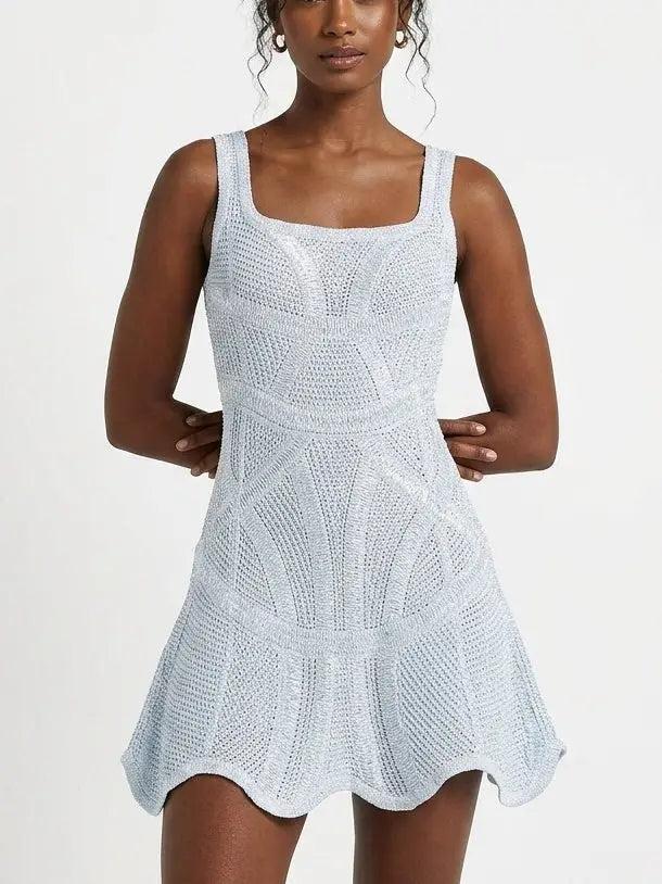 Light Blue Textured Crochet Knit Sleeveless Mini Dress
