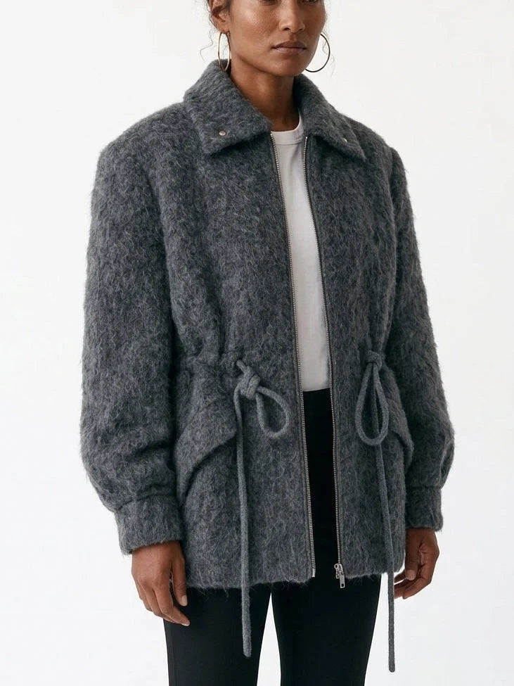 Textured Zip Front Jacket with Adjustable Drawstring Waist - Jackets