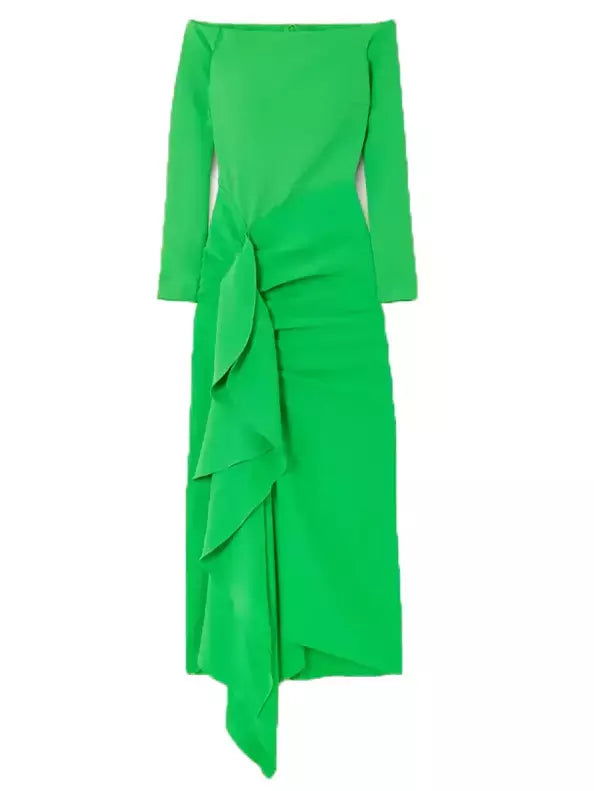 The Lotus Midaxi Ruffle Draped Dress in Green