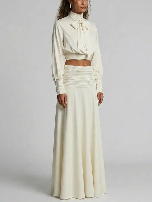 Tie-Neck Crop Top and Maxi Skirt Set in Ivory - Suits & Sets