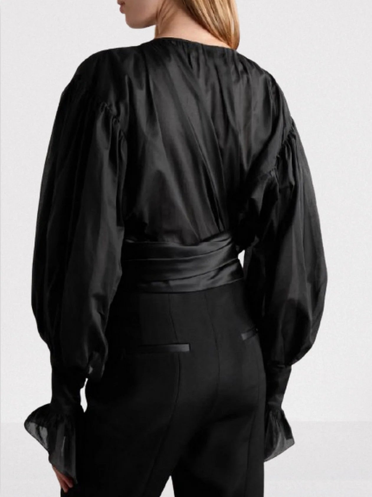 Tie-Neck Ruffled Blouse in Black - Tops