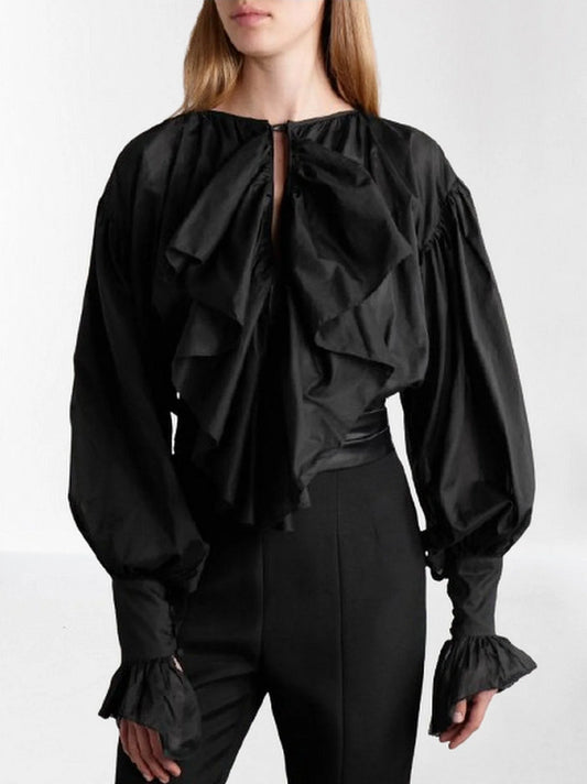 Tie-Neck Ruffled Blouse in Black - Tops