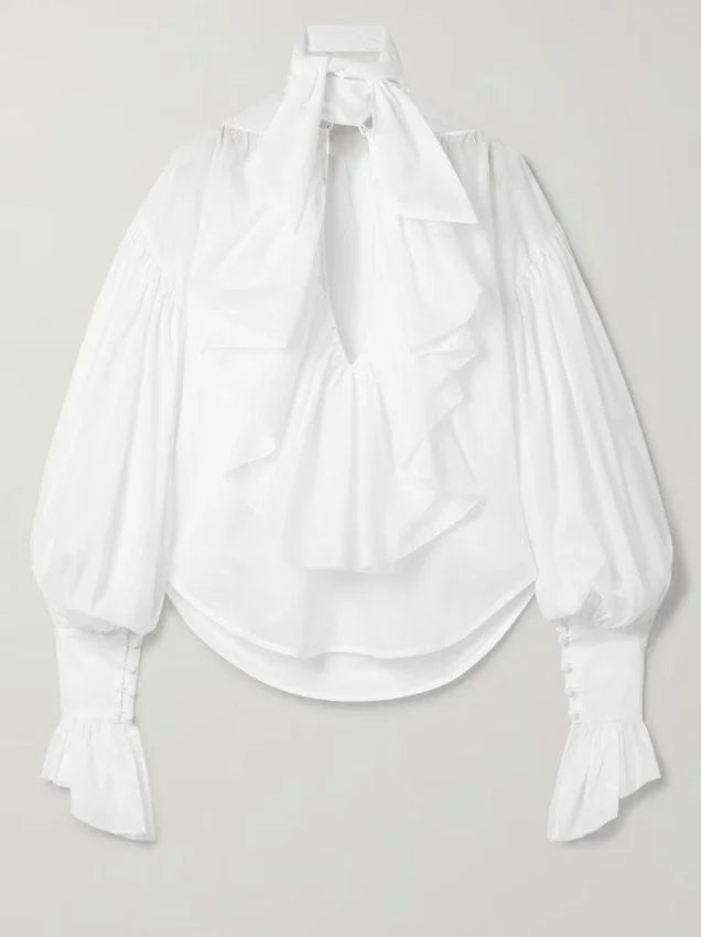 Tie-Neck Ruffled Blouse in White - Tops