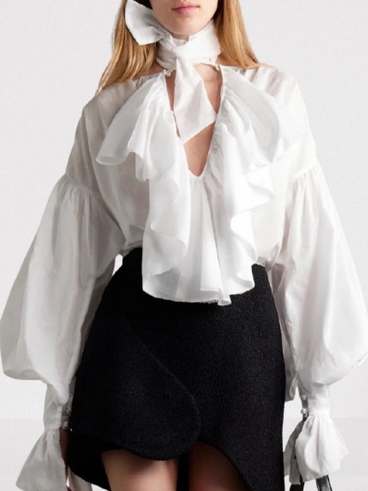 Tie-Neck Ruffled Blouse in White - Tops