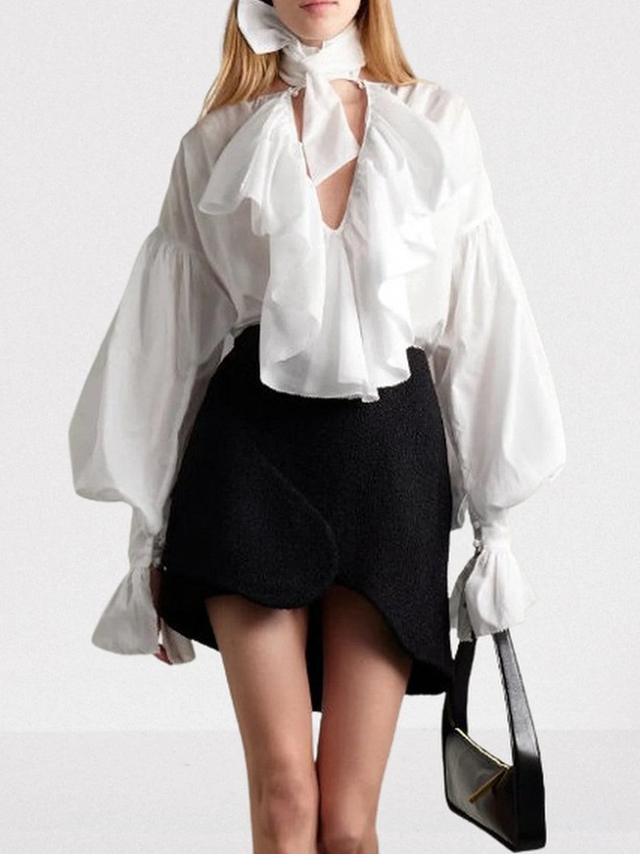Tie-Neck Ruffled Blouse in White - Tops