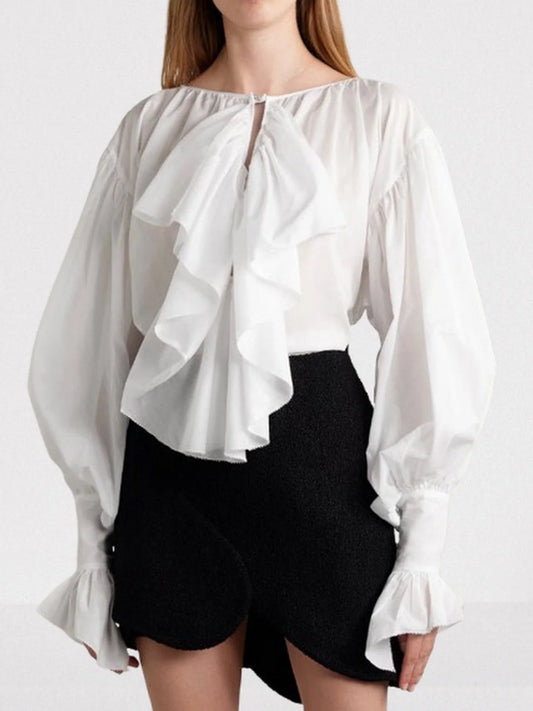 Tie-Neck Ruffled Blouse in White - Tops