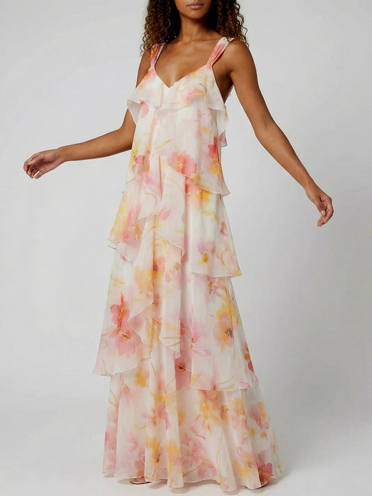 Tiered Floral Chiffon Ruffle Maxi Dress - Dresses