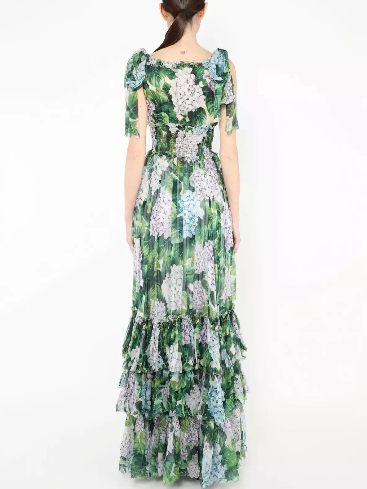Tiered Hydrangea Chiffon Gown, Green
