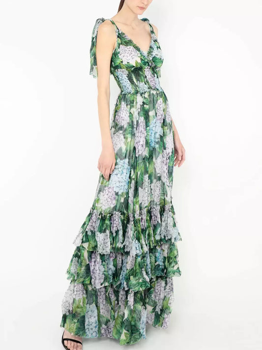 Tiered Hydrangea Chiffon Gown, Green