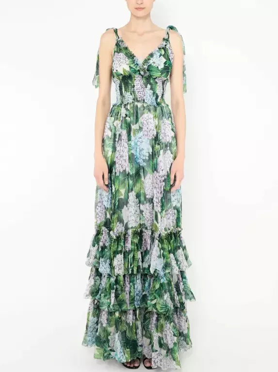 Tiered Hydrangea Chiffon Gown, Green