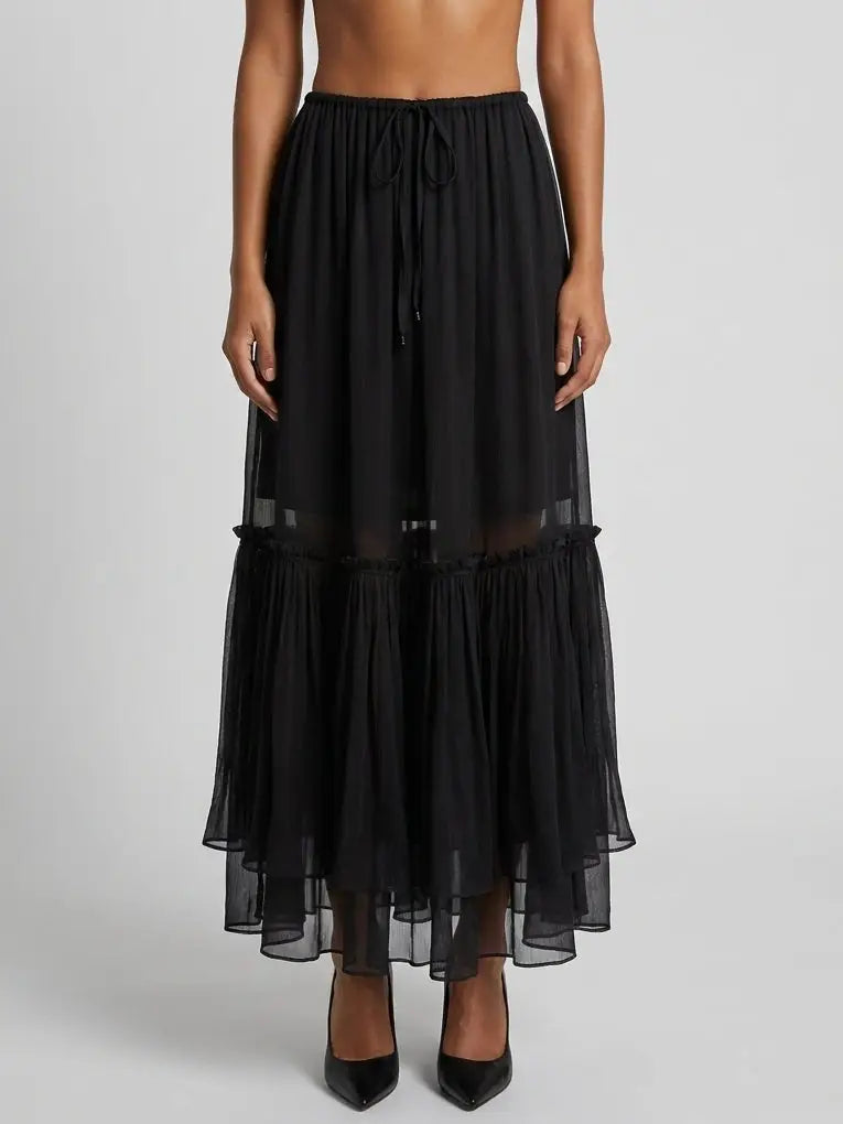 Tiered Layered Maxi Skirt with Drawstring Waist - Small / Black - Skirts