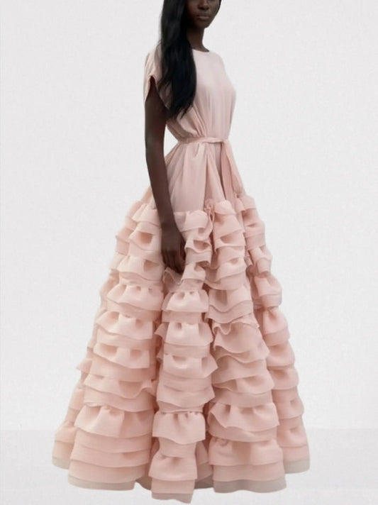Tiered Ruffle Maxi Dress with Waist Tie - Dresses