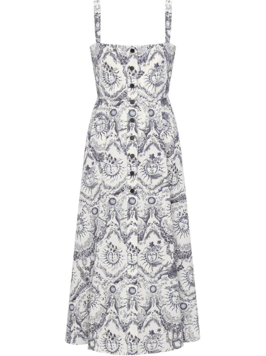 Toile de Jouy Soleil Motif Flared Mid-Length Dress