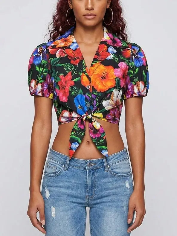 Tropical Floral Tie-Front Cotton Crop Shirt - S / Black - Tops