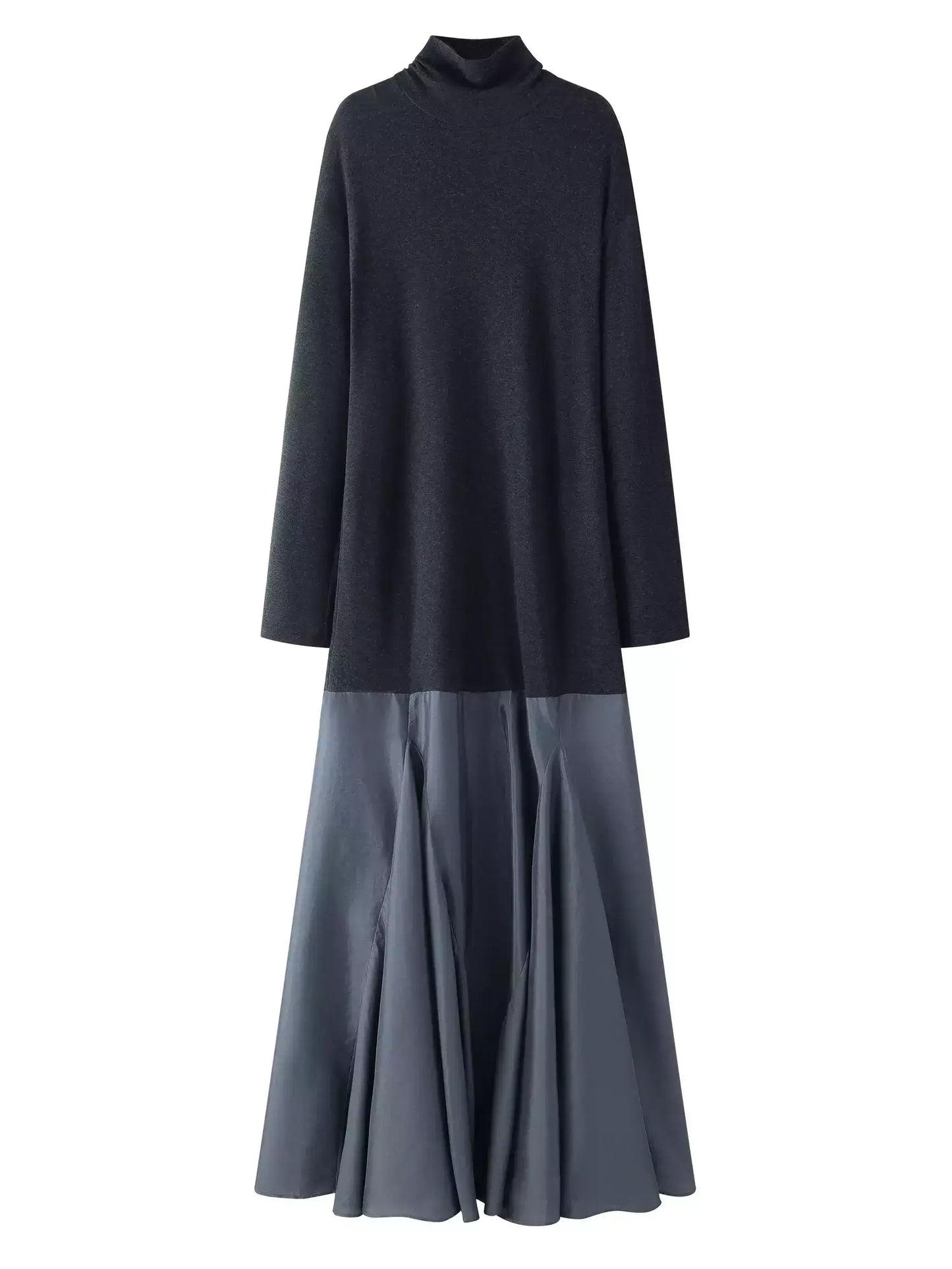 Turtleneck Jersey and Satin Flared Maxi Dress - Dresses