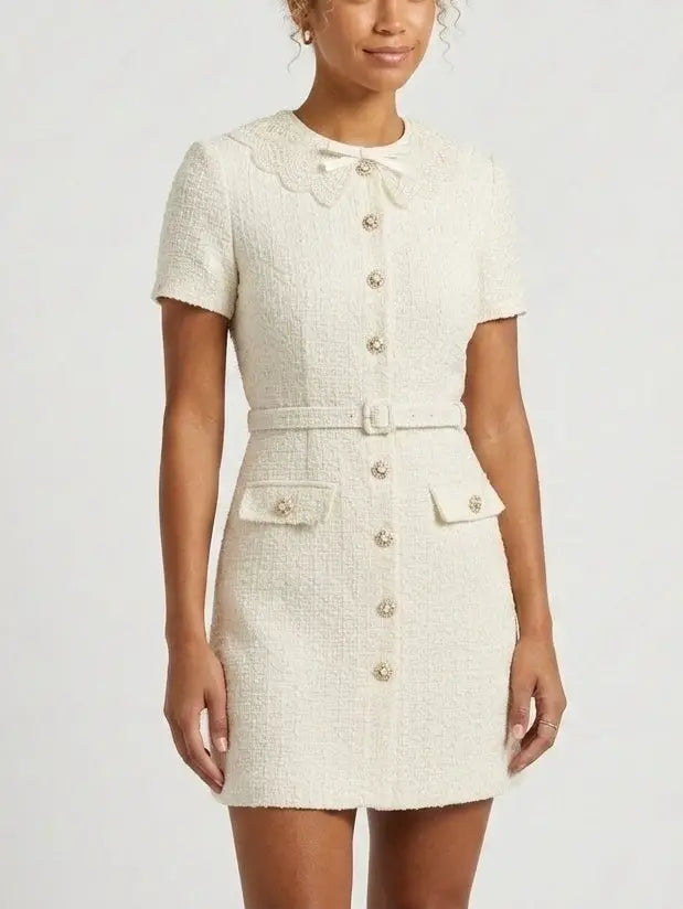 Creamy White Tweed Buttoned Mini Dress