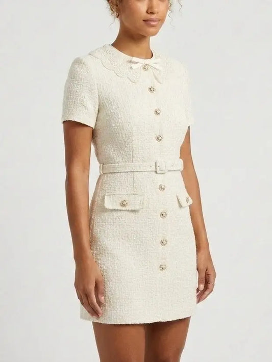 Tweed Buttoned Mini Dress is Creamy White - Dresses