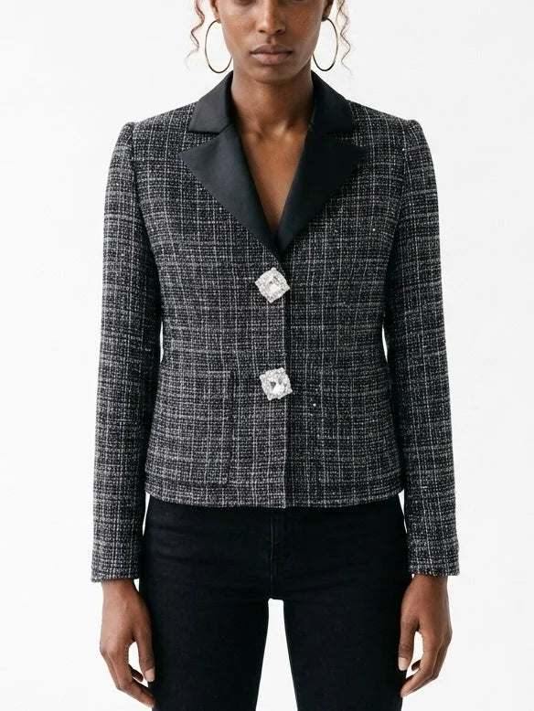 Tweed Jacket with Black Satin Collar and Rhinestone Buttons - Jackets