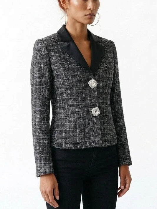 Tweed Jacket with Black Satin Collar and Rhinestone Buttons - Jackets