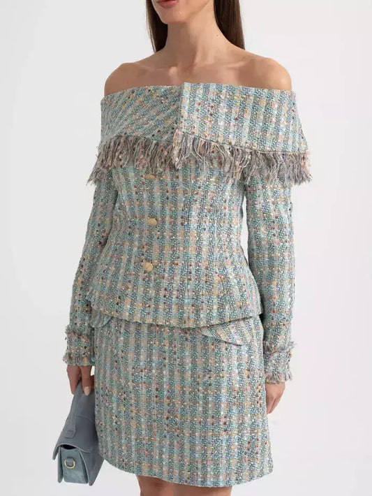 Tweed Off-Shoulder Fringe Jacket and Skirt Set - Suits & Sets