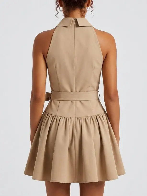 Twill Beige Sleeveless Belted Lapel Collar Mini Dress - Dresses