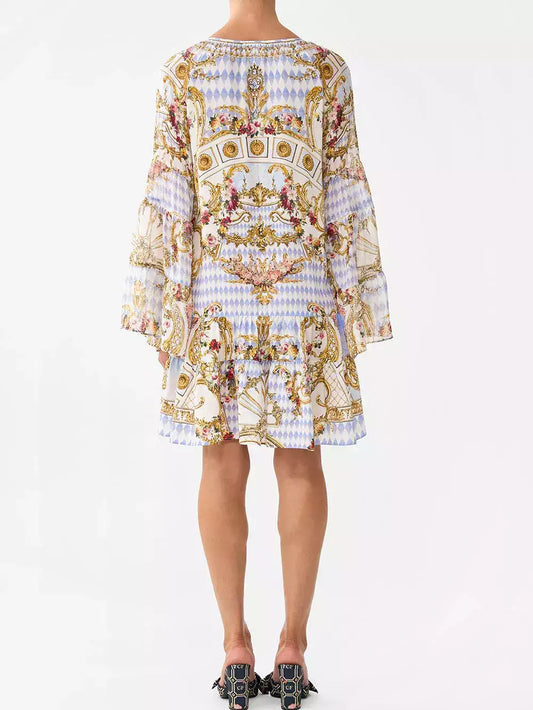 V-Neck Loose-Fit Printed Silk Dress - Dresses
