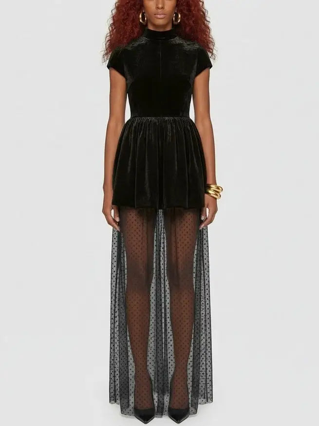 Velvet Mini Dress with Sheer Polka-Dot Tulle Underlayer - S / Black - Dresses
