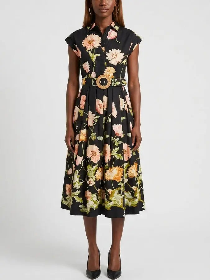 Vintage Botanical Belted Fit and Flare Cotton Midi Dress Vintage Botanical Belted Fit and Flare Cotton Midi Dress