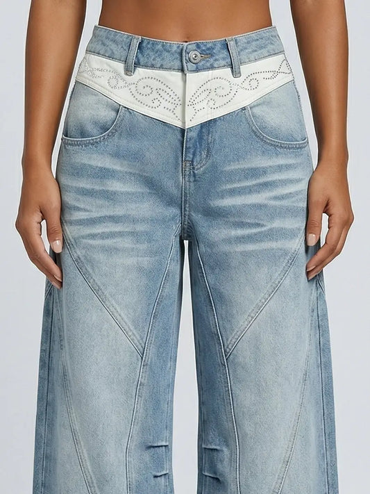 Western-Style Embellished Wide-Leg Jeans