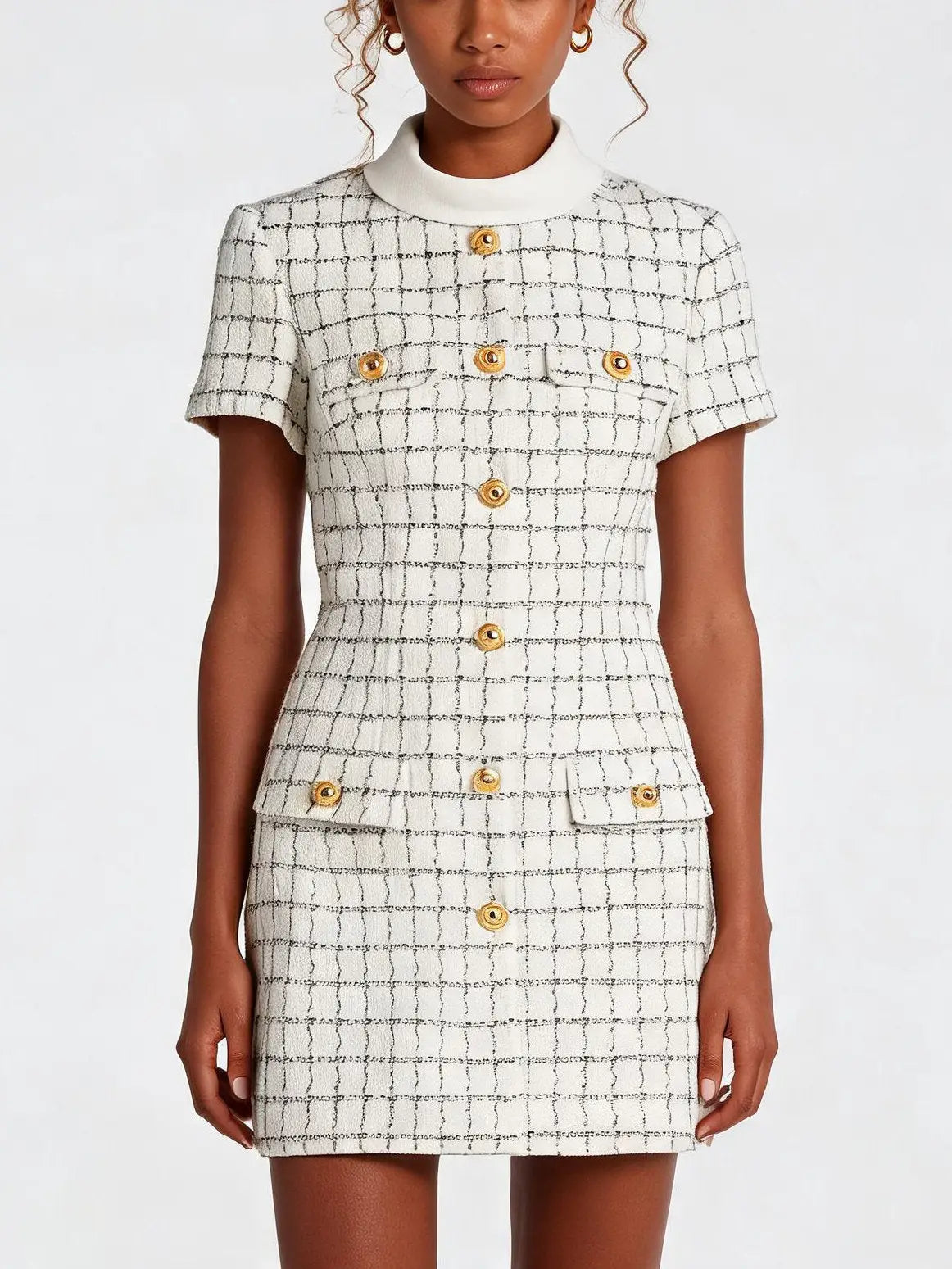 White Grid Tweed Mini Dress