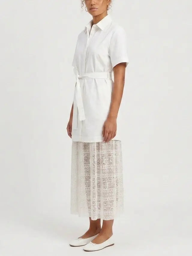 White Belted Shirt Dress with Lace Trim Midi Skirt - Dresses