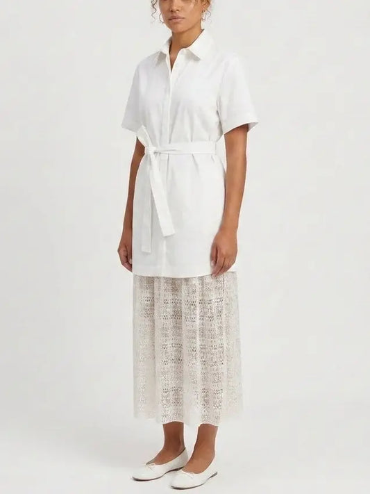 White Belted Shirt Dress with Lace Trim Midi Skirt - Dresses
