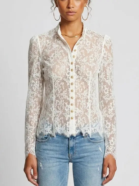 White Floral Lace Sheer Blouse - Tops