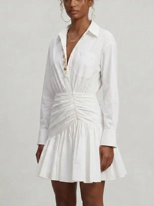 White Gathered Cotton Poplin Shirt Dress - Dresses
