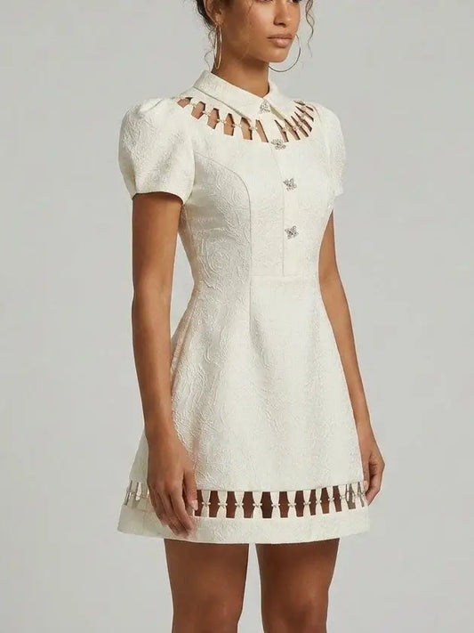 White Jacquard Mini Dress with Cutout Detail - Dresses