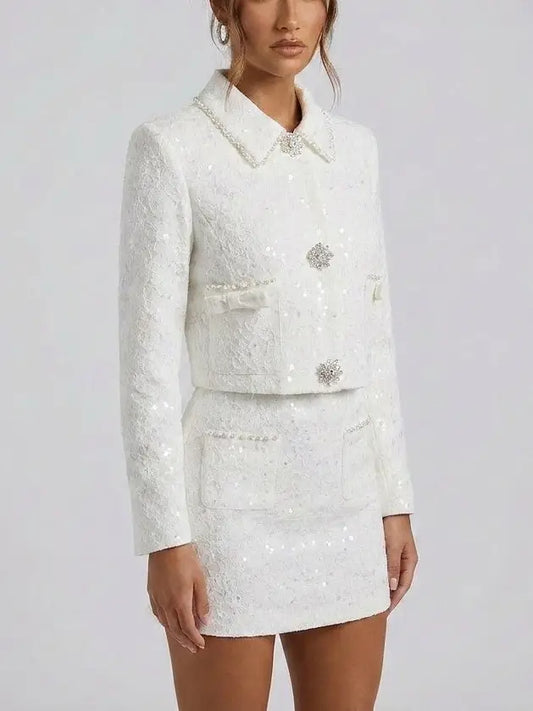 White Lace Jacket and Skirt Set with Crystal Buttons - Suits & Sets