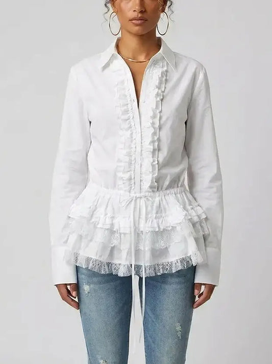 Ruffled White Cotton Shirt - Tops