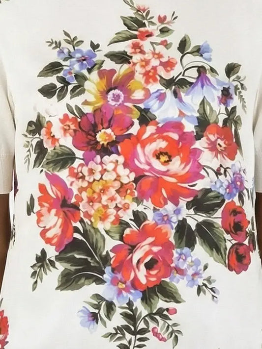 White Silk Knit Floral Bouquet Top - Tops