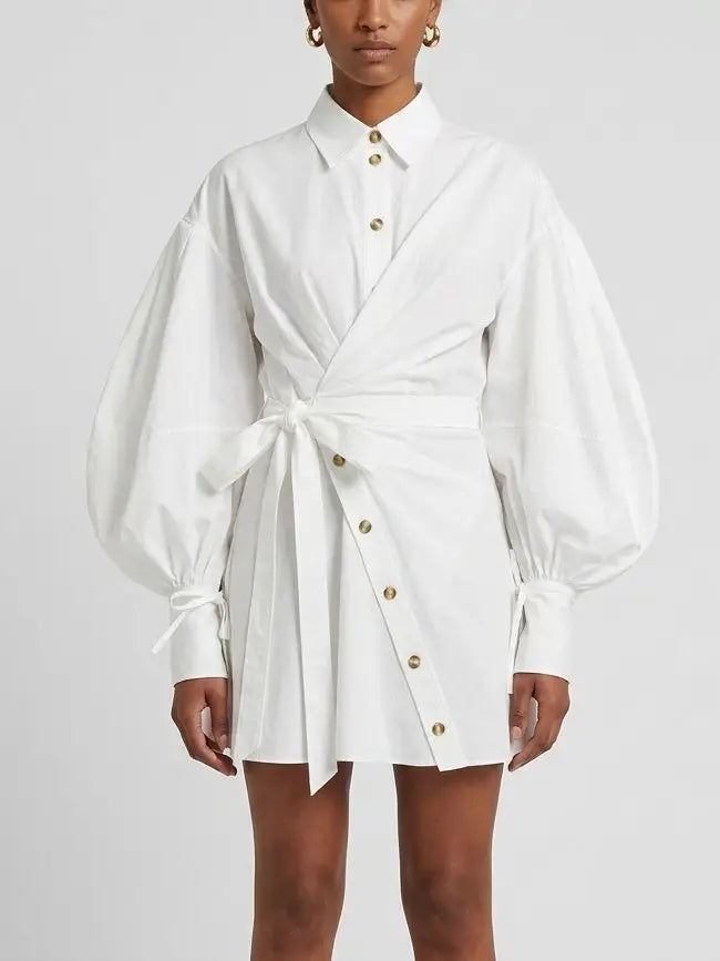 White Wrap Shirt Dress with Balloon Sleeves - Dresses