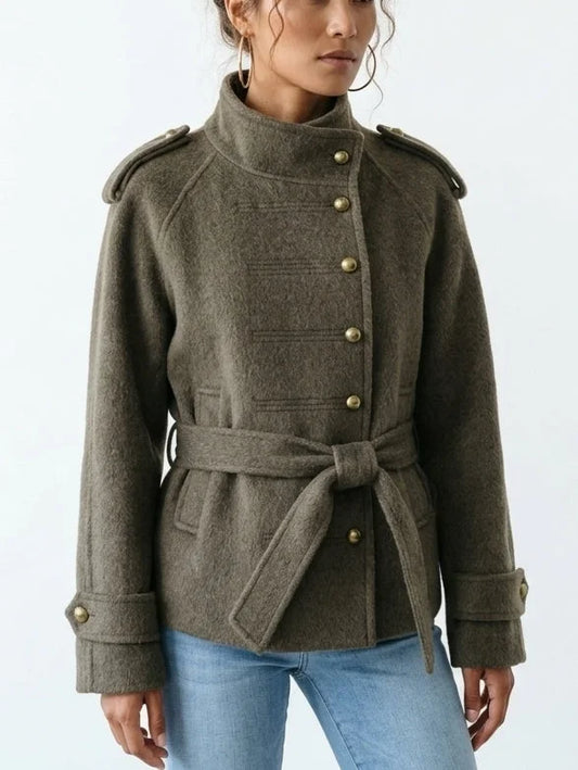 Wool Belted Military Jacket with Brass Buttons - Jackets