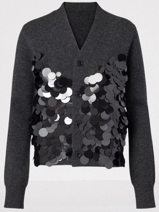 Wool Cardigan with Oversized Sequin Embellishments - Sweaters & Knitwear