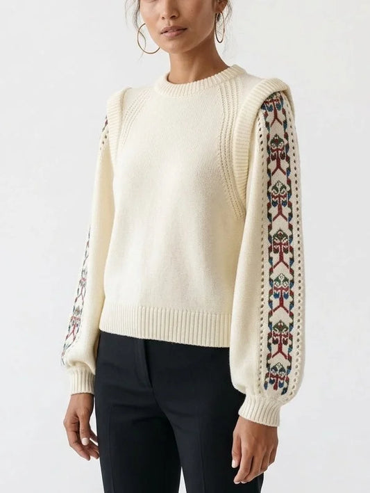 Wool Sweater with Patterned Sleeve Panels - Sweaters & Knitwear