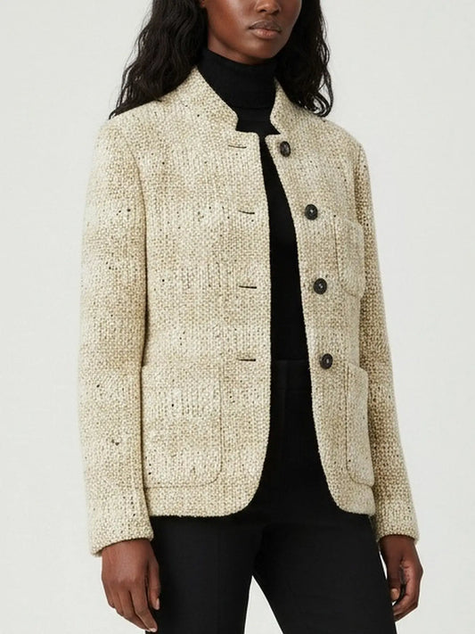 Wool Tweed Jacket with Stand Collar - Jackets